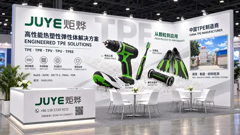 炬燁科技は2026中国国際プラスチック展に出展し、TPE、TPR、TPV、TPU、TPEE材料および改質サービスを紹介します。難燃TPE、帯電防止TPE、PC/ABS・PA基材へのオーバーモールド材料の選定サポートを提供します。お気軽にご相談ください。